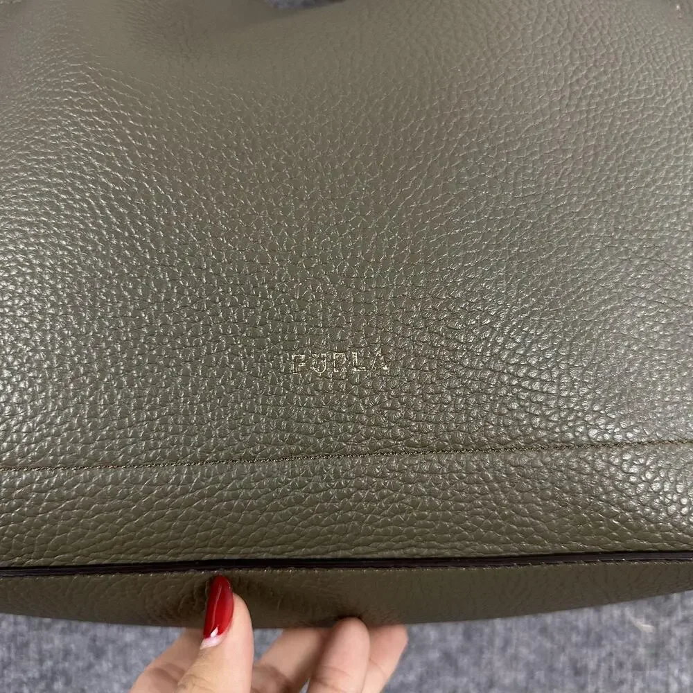 Furla Primula Hobo Bag Pebbled Leather Shoulder Tote Green Luxury Chic Office